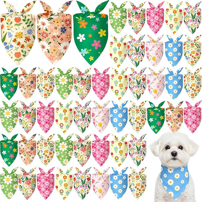 Weewooday 50 Pcs Spring Dog Bandanas Bulk with Daisy, Flower, Floral Soft Bibs Adjustable Triangle Pet Scarf Bowtie for Small Medium Large Costume Grooming(Spring, 25.6 x 17.7 x 17.7 Inch)