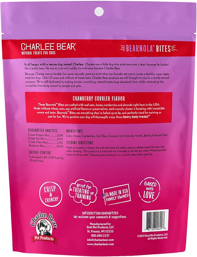 Charlee Bear Bearnola Bites Dog Treats, Cranberry Cobbler Flavor, 8oz (Pack of 2)