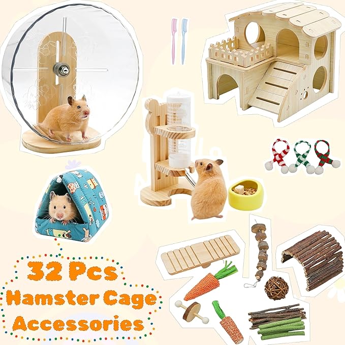 32 Pcs Hamster Cage Accessories, Silent Hamster Wheel, 22 Chew Toys Set, Wooden Hideout, Fleece House, Water Bottle Set, Ceramic Food Bowl for Rat Mice Small Animals Habitat Decor