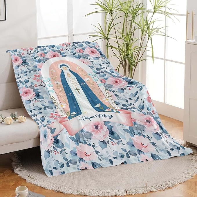 Virgin Mary Throw Blanket Christian Religious Scripture Catholic Spiritual Stuff Gifts for Adults Women Soft Cozy Warm Plush Fluffy Fuzzy Fleece Blanket Decor 50''X60''