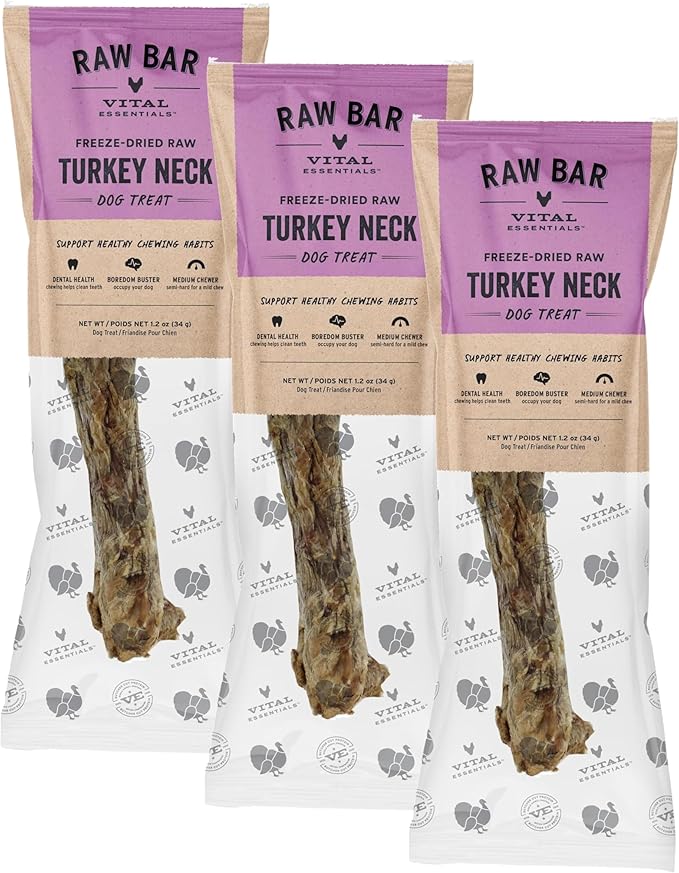 Vital Essentials Freeze-Dried Raw Turkey Neck Dog Treat & Natural Chew, 3-Pack | Single Ingredient Dog Treat for Medium Chewers | Made in USA