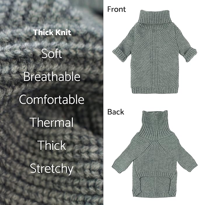 Fitwarm Dog Turtleneck Sweater, Thermal Knitted Pet Coat, Dog Winter Clothes for Small Dogs, Cat Apparel, Heather Grey, XL