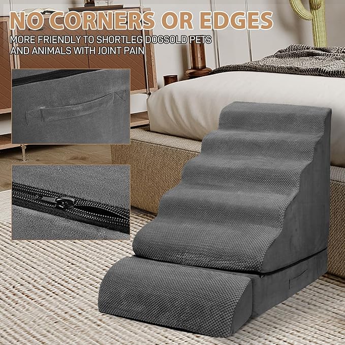 Dog Stairs for High Beds 30-36 inches Tall, 6-Step Pet Stairs/Steps for High Bed 32-36 inches for Small Large Dogs, Foam Dog Steps for Beds for Old Dogs/Cats, Dark Grey