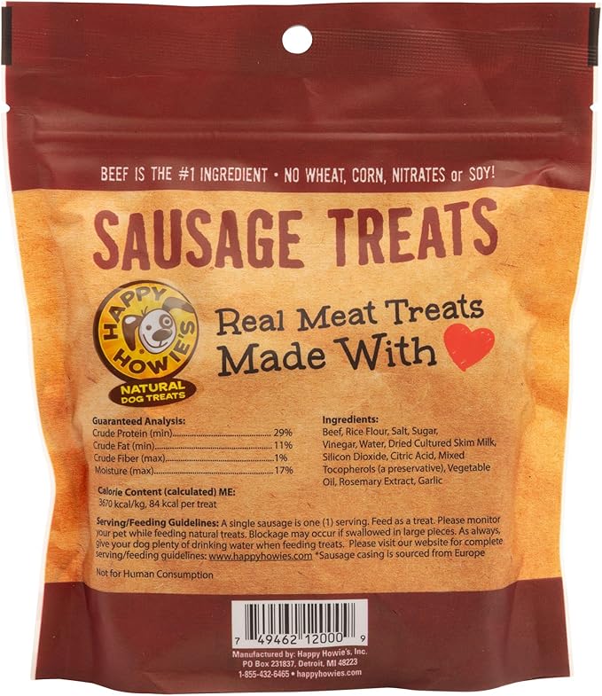 Happy Howie's Sausage Treats - Healthy Dog Treats, Flavorful Slow Cooked Beef, Natural Ingredients, Chewy Dog Treats, Hormone Free - Beef, (Pack of 1)