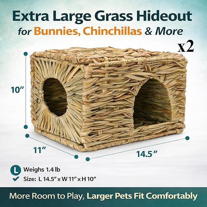 HERCOCCI Extra Large Grass House for Rabbit, Foldable & Comfortable - Small Animal Hut Play Hideaway Bed Hay Mat Chew Toy for Bunny Guinea Pig Hamster Chinchilla (2 Pack)