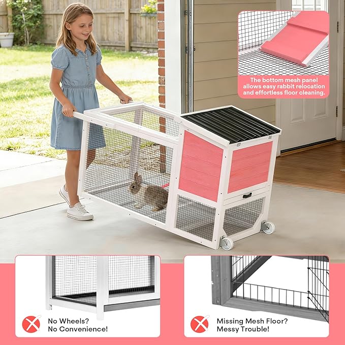 TIMHAKA 2-Story Rabbit Hutch, Insulated Bunny Hutch w/Chew-Proof Ramp & Wheels, Indoor/Outdoor Bunny Cage w/Leak-Proof Trays and Openable Waterproof Roof for Guinea Pig, Pink