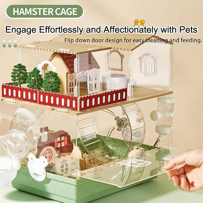 12 in 1 Clear Acrylic Hamster Cage with All Accessories,13.5''L* 10''W* 15''H Dwarf Hamster Cage,Magnetic Connection Small Hamster Enclosure,Garden Style Wooden Mouse Cage for Pet Mice(2-Layer,Green)