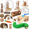Hamster Cage Accessories & Habitat Set, Wooden 3 Room Maze House, Adjustable Silent Wheel, Water Bottle Set, Log Tunnel Tube & Chew Toys, 19 Pcs Complete Kit for Dwarf Hamster Gerbil Mouse