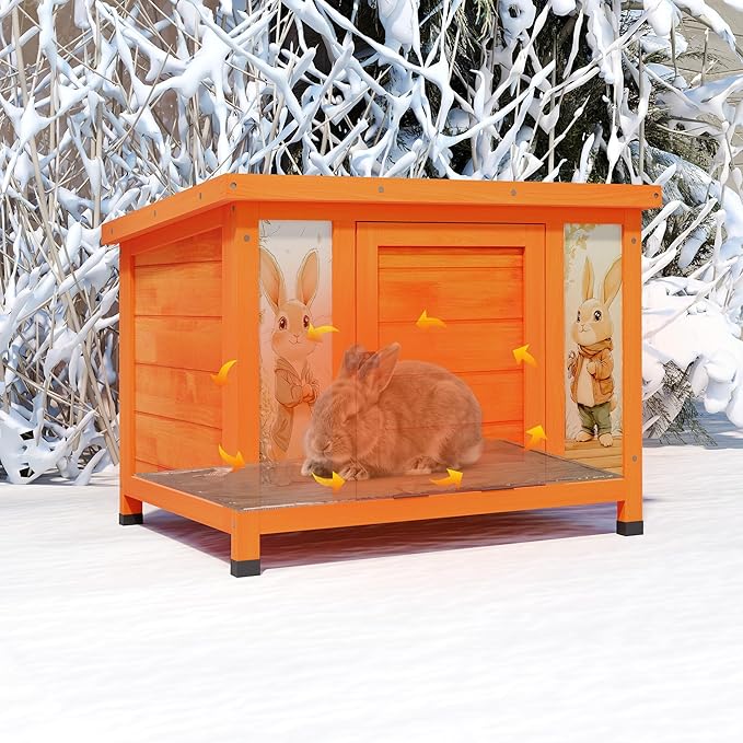 Coziwow 25" Insulated Cat House Bunny Hutch for Outdoor & Indoor Use - Solid Wood Rabbit Cage with Winter Warm Liner, Lightweight Weatherproof Shelter for Cats, Rabbits, Small Animals (Orange)