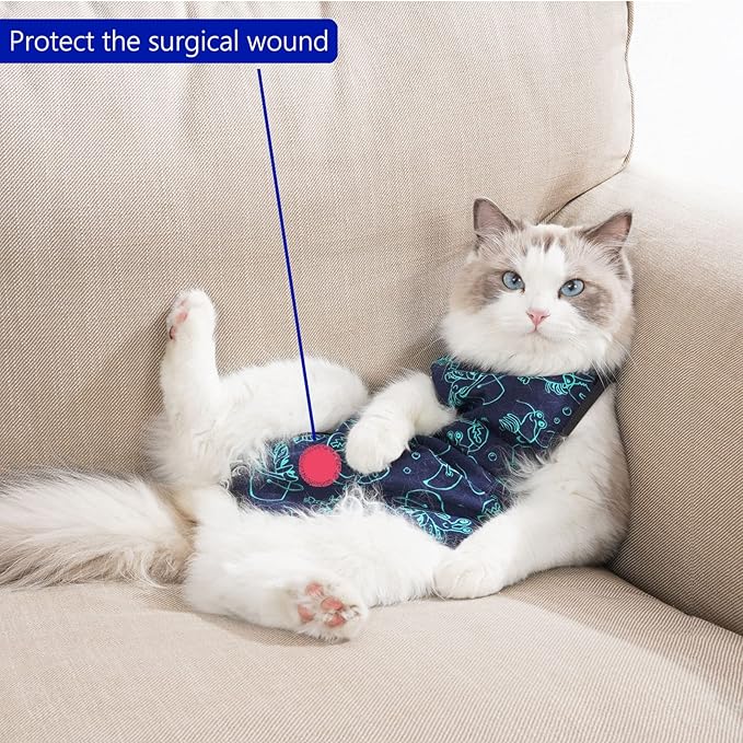 kzrfojy Cat Surgery Recovery Suit Cat Onesie for Cats After Surgery for Surgical Abdominal Wound Or Skin Diseases E-Collar Alternative Wear Neutering Bodysuit Wear (Dark-Blue-L)