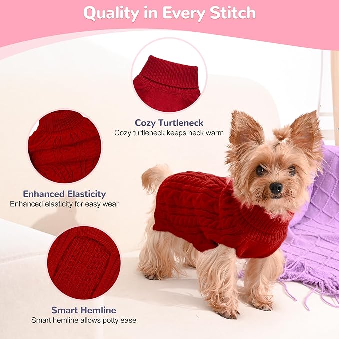 2 Pack Dog Sweaters for Small Dogs Winter Turtleneck Pullover Cable Knit Fleece Stretch Puppy Doggie Chihuahua Toy Poodle Yorkie Pomeranian Boy Girl Pet Clothes (S, Pink & Red)