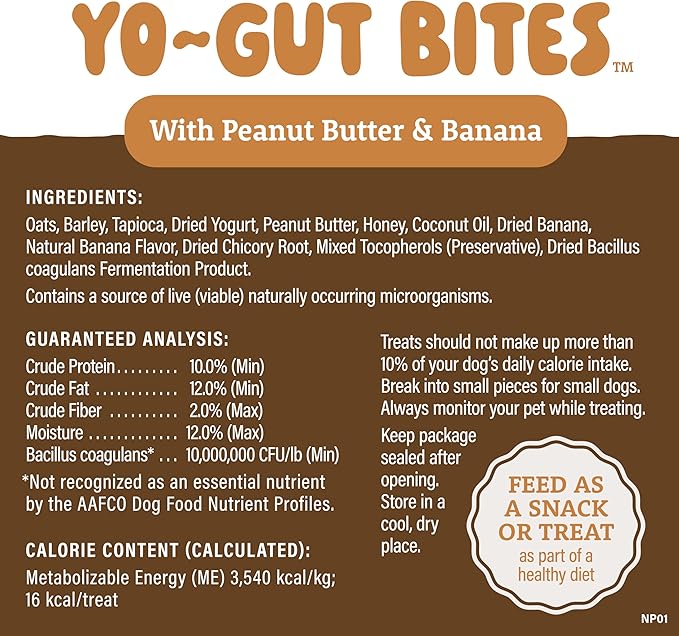 Natural Balance Yo-Gut Bites Crunchy Dog Treats with Real Peanut Butter & Banana, Greek Yogurt Drizzle, Probiotics for Digestive Support, 10oz Bag