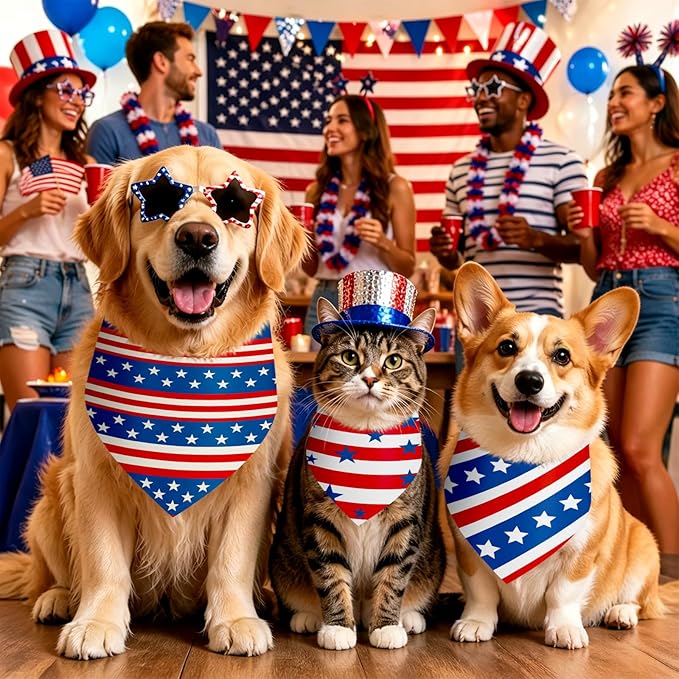 Weewooday 50 Pcs 4th of July Dog Bandanas Bulk for Patriotic American Striped Star Red White and Blue Independence Day Flag Scarf for Small Medium Large Outfit(Striped Star, 25.6 x 17.7 x 17.7 Inch)