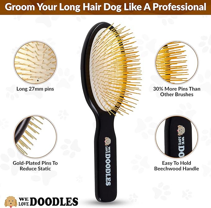 We Love Doodles Pin Brush for Dogs, Pet Grooming Detangler Pin Dog Brush, Dog Brush for Shedding and Removing Loose Fur, Lightweight Beech Wood with Gold Plated Pins for Long Hair Pets