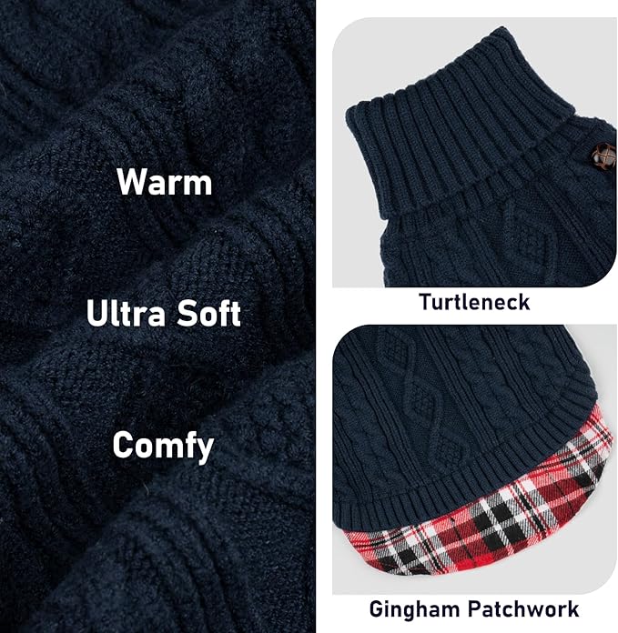 KYEESE Dog Sweater Soft Pullover Dog Sweaters for Large Dogs Warm Turtleneck Large Dogs Sweater with Gingham Patchwork Comfy Pet Coat for Fall Winter Cold Weather