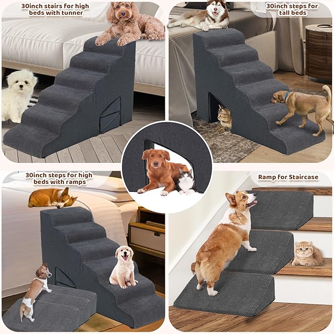 Dog Stairs for High Beds 30-36 inches Tall, 6-Step Dog Steps for Small Dogs Senior Dogs & Cats, 6 Steps Memory Foam Pet Steps with 3 Ramps, Non-Slip Removable Washable Cover, Grey
