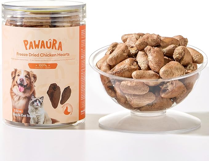 Freeze-Dried Chicken Hearts Cat & Dog Treats, 3.52 oz — High Protein, Single Ingredient, Grain Free, No Additives or Preservatives, Sealed Box
