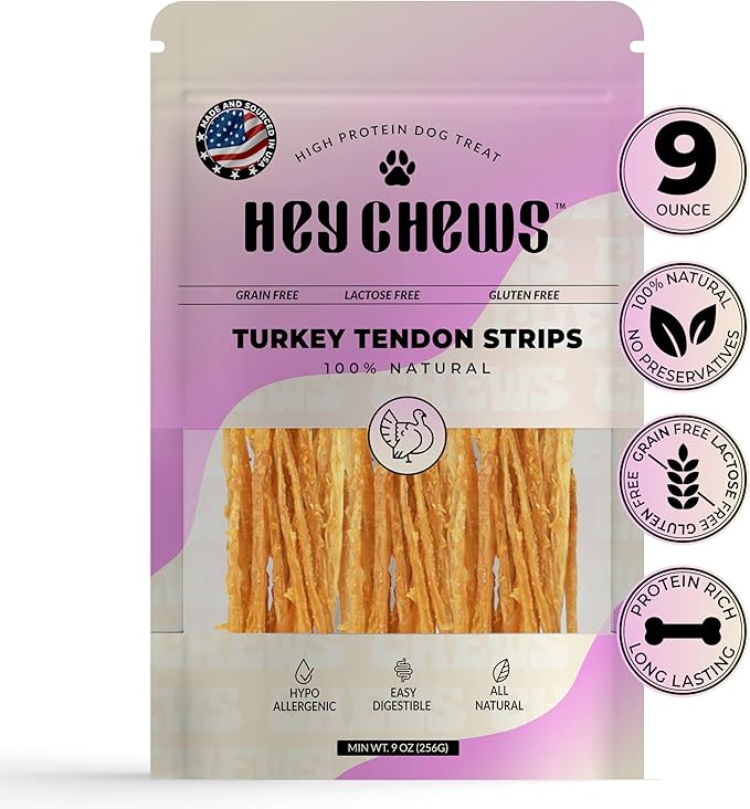 Turkey Tendons for Dogs - Turkey Dog Treats, Tenderloin - Made in The USA -Hypoallergenic Treats for Dogs - 9 oz