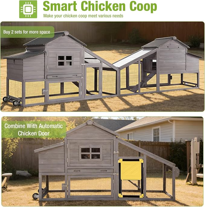 GUTINNEEN Chicken Coop with Wheels, Expandable Hen House Poultry Cage with Run, UV-Protected Roof, Divided Nesting Boxes, Easy One-Person Move, Ideal for 2 Adult Chickens or 4 Bantams, 72.3" L, Grey