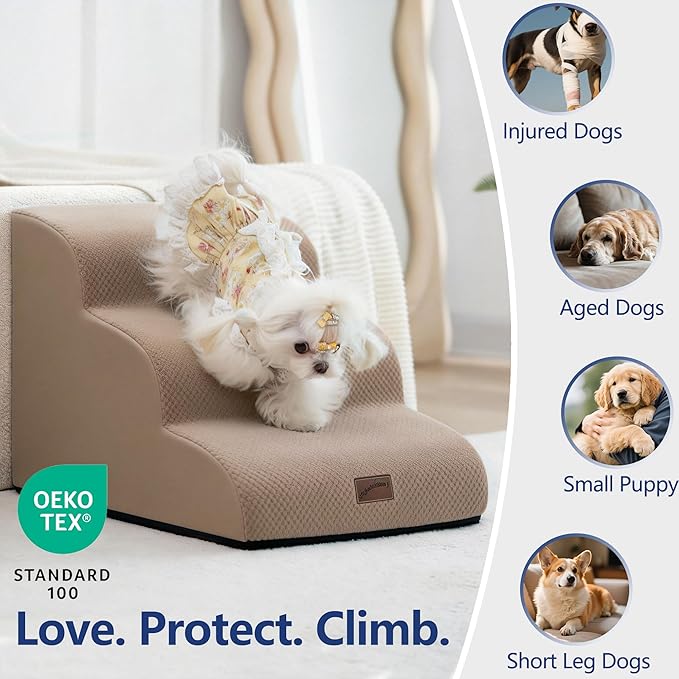 GoGoBunny Ramp Dog Stairs for Couch Sofa and Chair 11.8" H, 2-Step Pet Steps for Small Dogs and Cats, Non-Slip Waterproof Fabric Cover, Stable and Balanced Indoor Step, Pets Friendly, Camel
