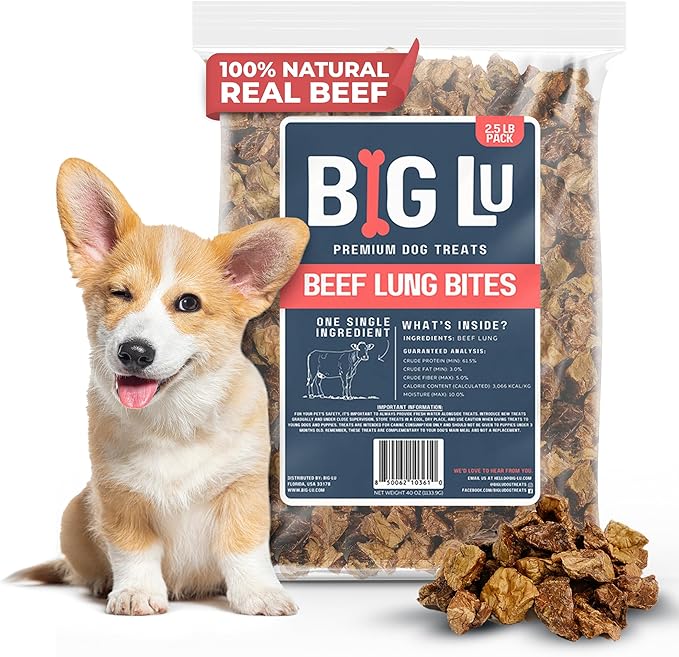Big Lu – Bulk High-Protein Training Dog Treats, 100% Natural Single-Ingredient Beef Lung Bites, Rich in Glucosamine & Chondroitin for Joint Health, 40 oz