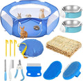 Small Animal Playpen & Grooming Kit, Portable Foldable Pet Playpen with Mesh Top for Rabbits, Guinea Pigs, Hamsters, Hedgehogs, Includes Feeding Bowls, Grooming Tools, and Bedding Mat, Blue