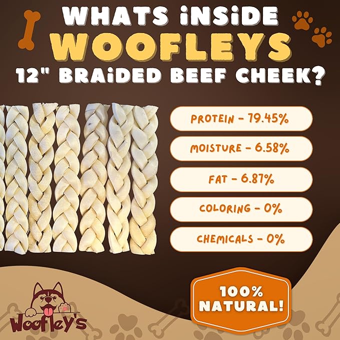Woofley's 10-12" Buffalo Beef Cheek Braids Regular - (5 Count)- Beef Cheek Dog Chews - No Hide Bones for Dogs