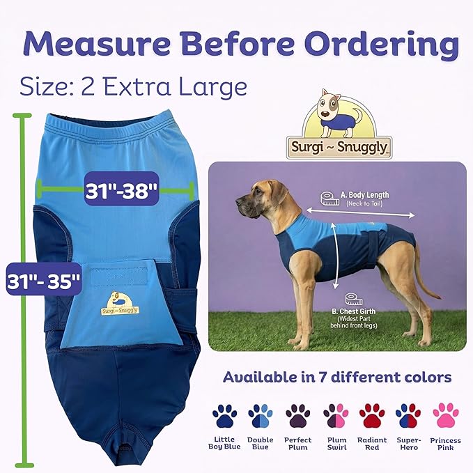 Surgi Snuggly Dog Surgery Recovery Suit - Dog Onesie for Post Surgery Recovery, Female Spay & Male Neuter - Surgical Suit for Dogs, E-Collar Cone Alternative, Double Blue - 2X-Large - 31" - 35" (EC)