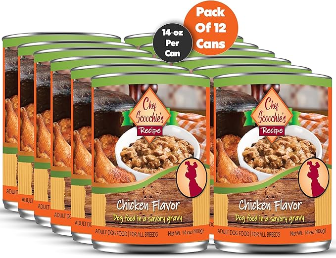Scoochie Pet Products Chef Scoochie's Chicken Dog Food in Rich Gravy Natural Wet Food - Easy Open Pop-Top Cans for Grown Dogs - Complete Meal or Food Topper 12 Cans (14 oz e.)