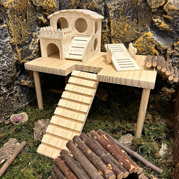 Large Hamster Platform with Ladder Wooden Syrian Hamsters Standing Platforms with Legs Set Wood Gerbils Climbing Bridge Toy Cage Accessories
