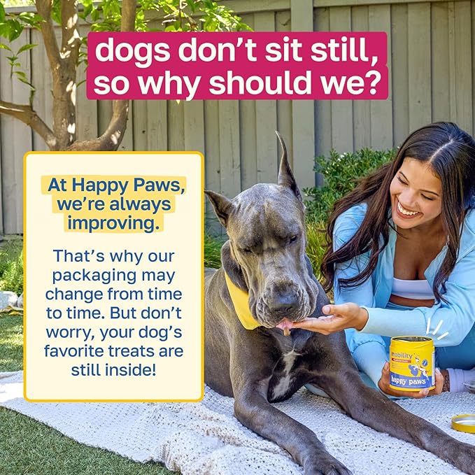 Happy Paws Hip and Joint Supplement for Dogs, Glucosamine Chondroitin for Dogs of All Breeds, Joint Support Soft Chews with Hyaluronic Acid & Turmeric, Vegan Bacon Flavor, Non GMO, 100 Soft Chews