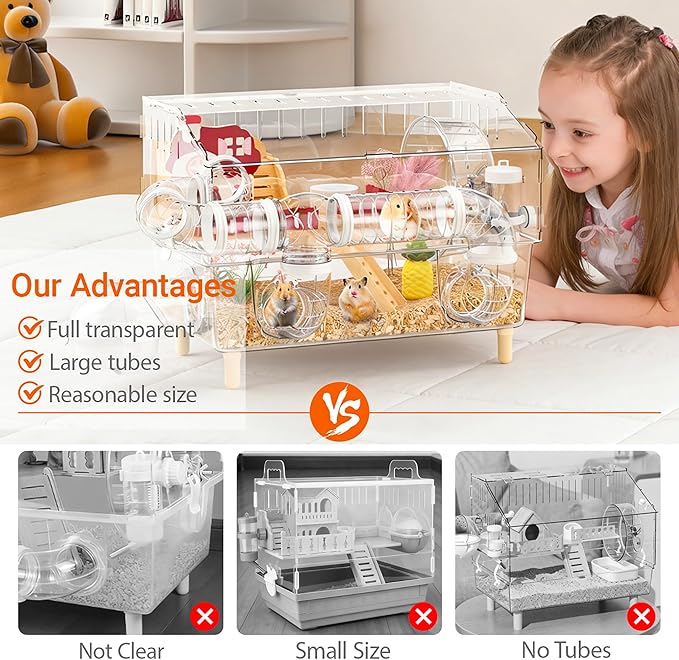 Acrylic Hamster Cage,8 in 1 Gerbil Cage with 360° Panoramic View,Top Open Mouse Cage with Tubes for Pet Mice,Dwarf Hamster,Gerbils (17.7"x13"x11.8")
