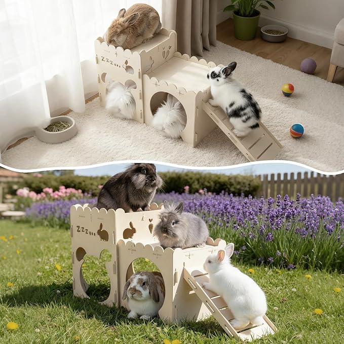 Large Rabbit Castle, Wooden Bunny House,Detachable Rabbit Hideaway, Indoor Hamster Castle with Ramp, Small Animal Houses & Habitats for Guinea Pig Chinchilla Ferret(2 House)