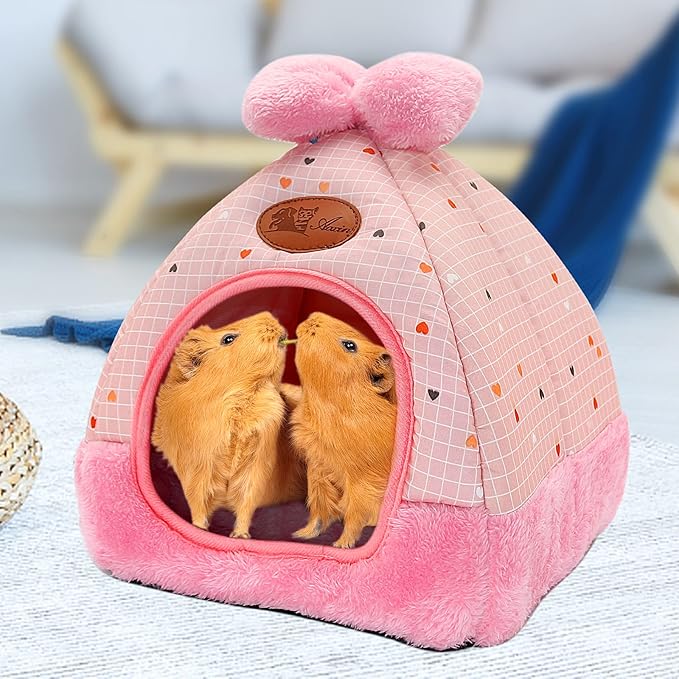 YUEPET Bunny Bed Warm Guinea Pig Cave Beds Cute Bowknot House Big Hideouts Cage Accessorie for Dwarf Rabbits Hamster Bunny Ferrets Rats Hedgehogs Chinchilla (Pink Grid)