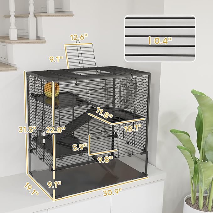 PawHut Large Hamster Cage with 9" Deep Tempered Glass Bottom, 4 Tiers Hamster Tank with Running Wheel, Hut, Water Bottle, Dish, Rat Cage for Syrian, Dwarf, Gerbils, Mouse, 31" x 19" x 31.5", Black