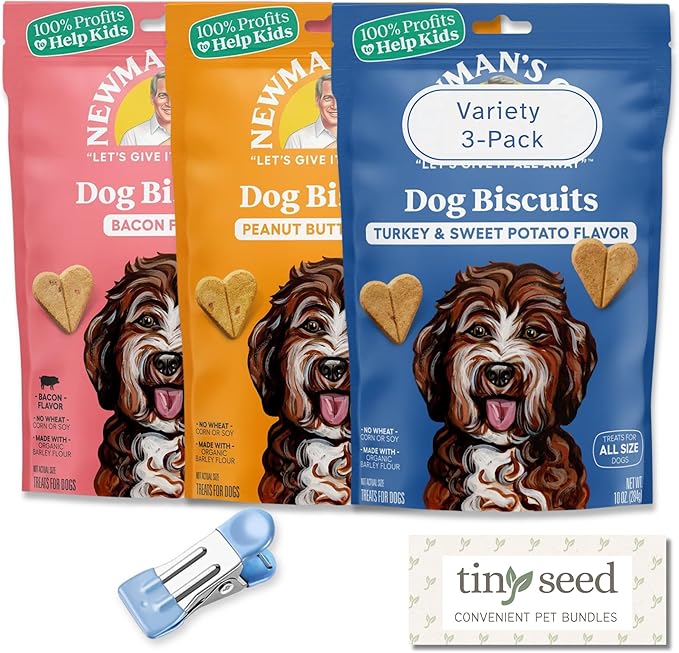 TINY SEED 3-Pack Crunchy Dog Treat Sampler Set. Newman Dog Treats Bundle Includes Turkey & Sweet Potato, Peanut Butter, and Bacon Flavors (10 oz Each), Includes Complimentary Bag Clip.