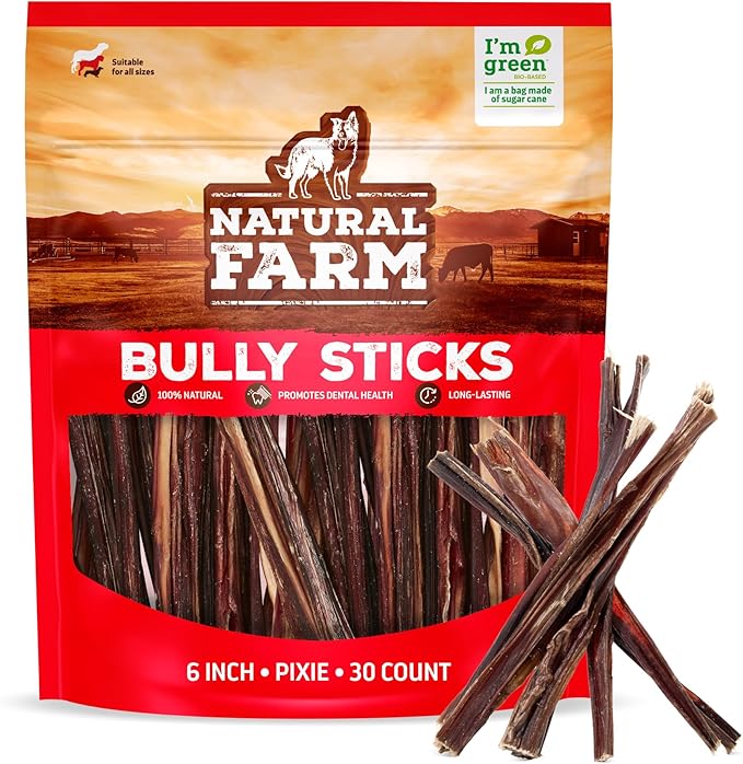 Natural Farm Bully Sticks (6 Inch, 30 Pack), Thin Pizzle Pixie Beef Treats, Grain-Free, High Protein, Best Rawhide Alternative for Small, Puppies or Senior Dogs