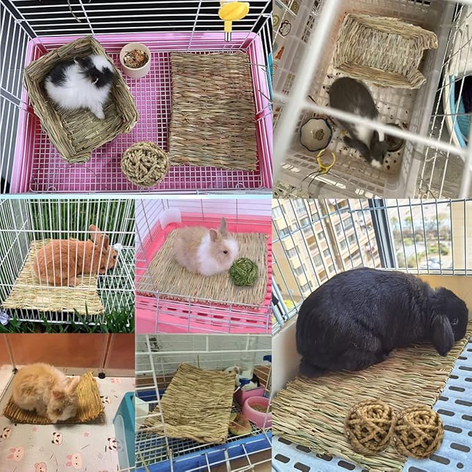 Hamiledyi Rabbit Grass Bed Natural Handmade Hay Mat Chew Balls for Rabbit Gerbil Chinchilla Guinea Pig Ferret Other Small Animals