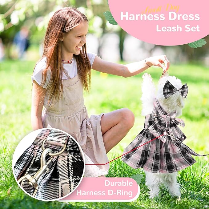 PETCARE Cute Dog Dress Clothes for Small Dogs Cats Girl Female Pink Plaid Bow Tie Dog Harness Dresses Leash Set with Pearls Bow Accessories Birthday Puppy Dress Shih Tzu Yorkies Chihuahua Outfits