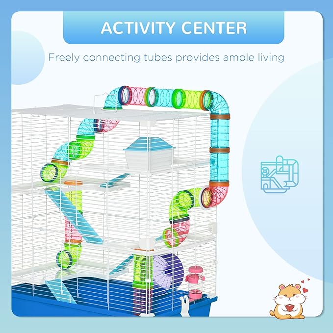 PawHut Extra Large 23" Hamster Cage with Tubes and Tunnels, Portable Carry Handles, Rat House and Habitats Big 5-Tier Design, Mouse Cage Includes Exercise Wheel, Water Bottle, Food Dish, Blue