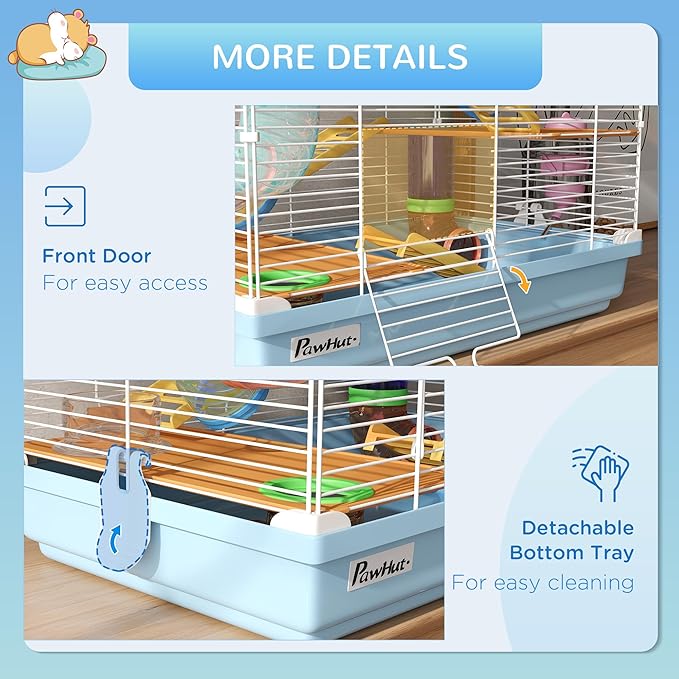 PawHut 18" 5 Tier Hamster Cage with Tubes and Tunnels, Small Animal Cage with Portable Carry Handle, Gerbil Cage with Water Bottle, Food Dish, Exercise Wheel, Light Blue