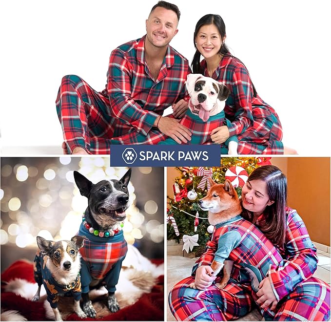 Spark Paws Dog Christmas Pajama, Dog Recovery Suit Male, Onesie, Ultra-Soft and 4-Way Stretch, for Small Medium and Large Breeds - Green and Red Plaid - 2XL