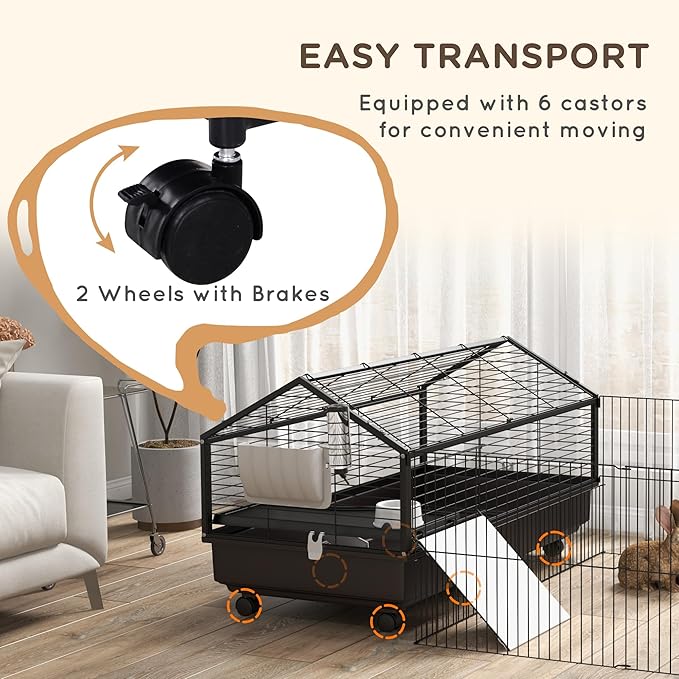 PawHut Small Animal Cage with Foldable Run Area, Rolling Bunny Cage, Guinea Pig Cage with Water Bottle, Water Bowl, and Ramps, 46.5"