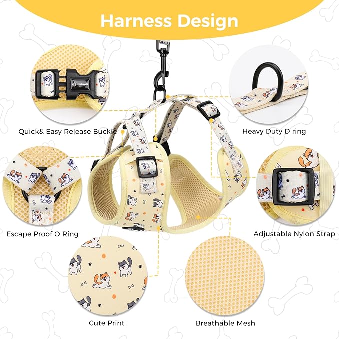 Dog Harness and Lead, Bow Tie Collar Set with Dog Poop Bag Holder and Bandanas, Escape Proof Adjustable Puppy Cat Vest with Soft Mesh Padded, Pet Supplies for Small Medium Dogs Kitten (Yellow Puppy,L)