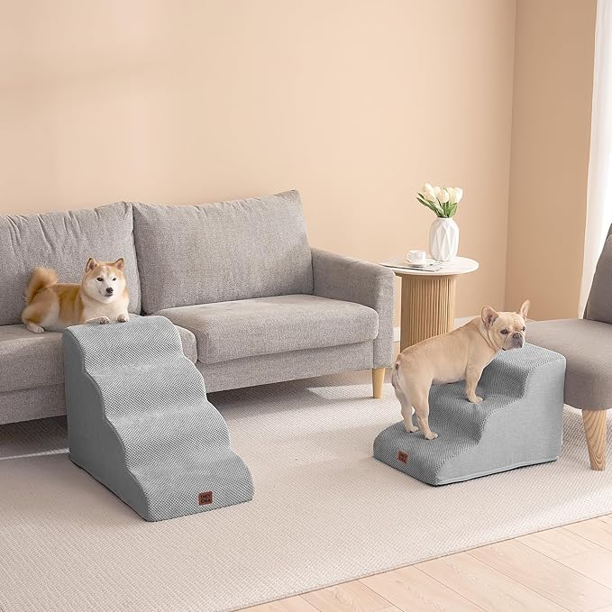EHEYCIGA Curved Dog Stairs Ramp for High Beds 19.7" H, 4-Step Dog Steps for Small Dogs and Cats, Pet Stairs for High Bed Climbing, Non-Slip Balanced Pet Step Indoor, Light Grey