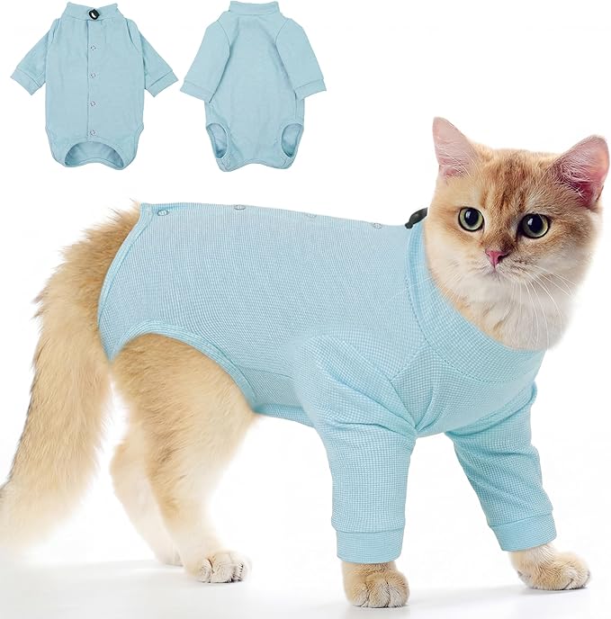 PUMYPOREITY Adjustable Cat Recovery Shirt, Front Leg Injury Suit, Stretchable & Comfortable, Anti-Licking Long Sleeve Wound Cover, Prevents Scratching & Biting, Machine Washable, Blue, L