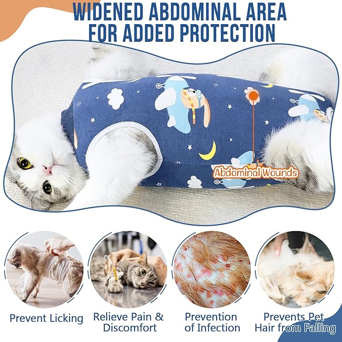SlowTon Cat Recovery Suit - Cat Onesie for Cats After Surgery Female Male, Kitten Clothes Cats Surgical Spay Suit Abdominal Wounds, E-Collar Alternative Bodysuit Shirt Anti-Licking (Navy, S)
