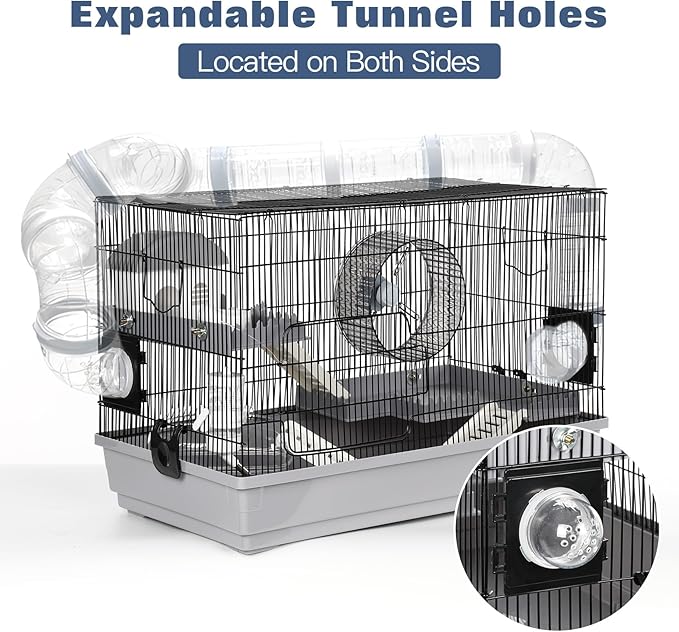 Multilevel Hamster Cage Starter Kit 22″Lx12″Wx15″H for Single Hamster Under 5″ in Body Length with Platforms, Exercise Wheel, Hide-House, Water Bottle, Bathtub, Food Bowl, Ladder, Tube Ports