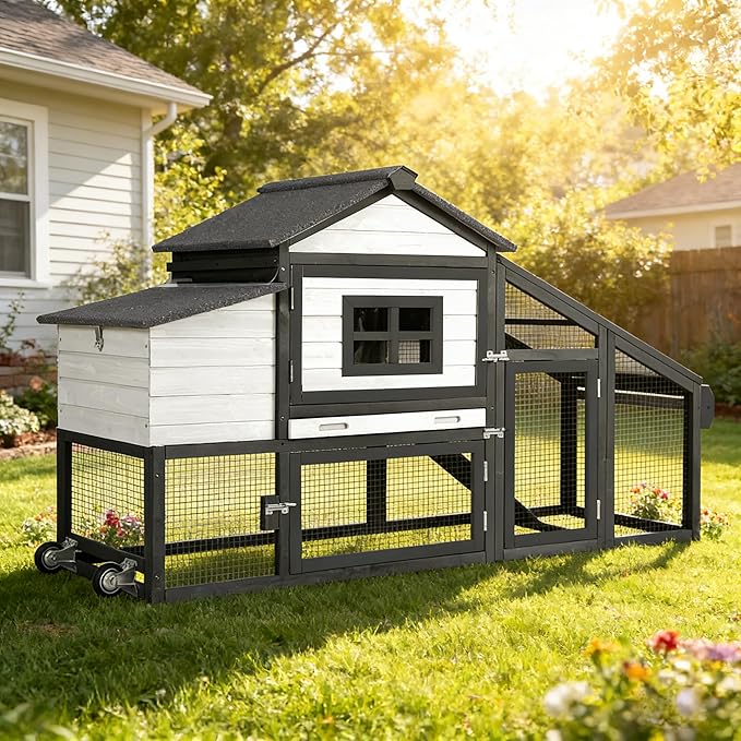 Aivituvin Chicken Coop with Run and Wheels, Mobile Outdoor Hen House Wooden Poultry Cage with Waterproof Roof (Black, AIR23)