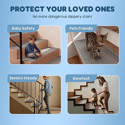 GOYLSER Peel and Sticker Stair Treads Non Slip for Wooden Steps Indoor, 15 Pack Rubber Backed Stair Pads Rug, Removable Staircase Mats Step Cover, Grey